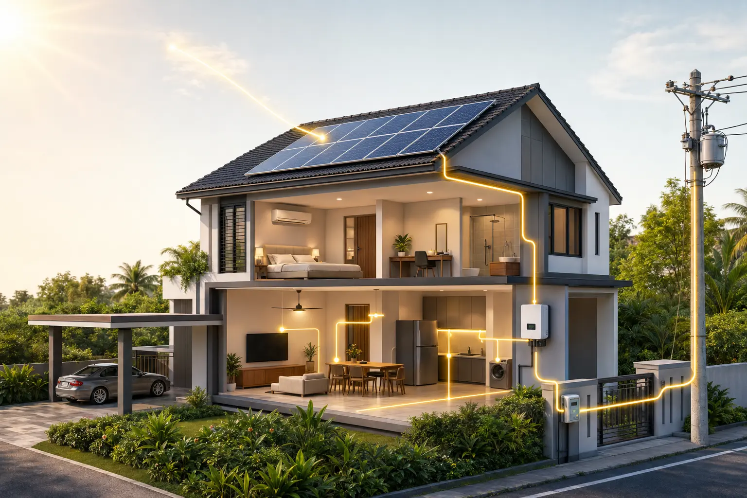 Illustrated Malaysian home showing rooftop solar panels connected to an inverter, household appliances, a bi-directional meter and the electricity grid